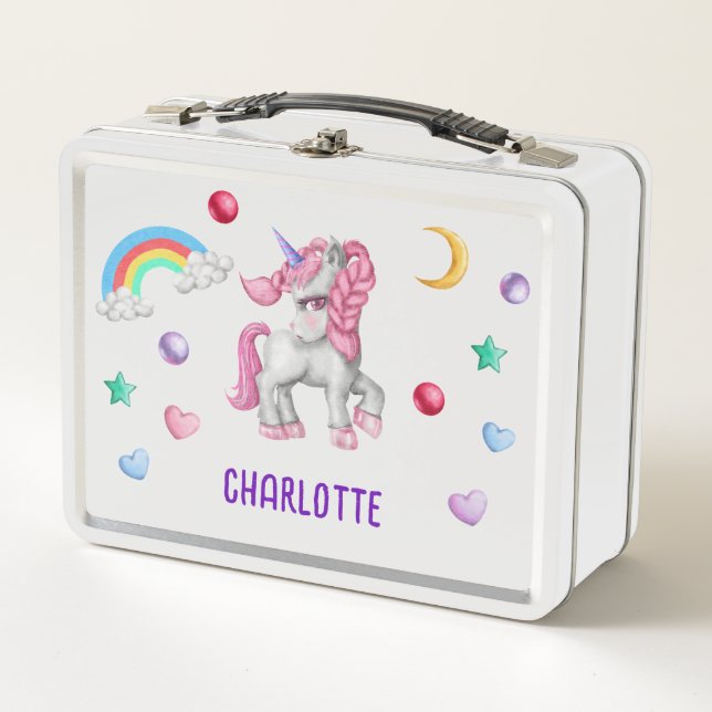 Girls Magical Unicorn Rainbow Kids Personalised  Metal Lunch Box (Front)