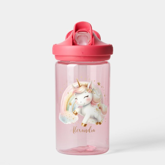 Girls Magical Unicorn Rainbow Kids Personalised Water Bottle (Front)