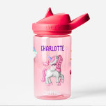 Girls Magical Unicorn Rainbow Kids Personalised  Water Bottle<br><div class="desc">This lovely design features a cute unicorn, along with a rainbow, hearts and stars. It is part of a matching set of accessories. This design features the colours of the rainbow with special emphasis on pink and purple. You can easily customise it, and add your little girl's name. It is...</div>