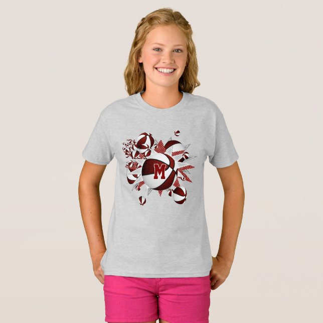 girl's maroon basketballs and stars T-Shirt (Front Full)