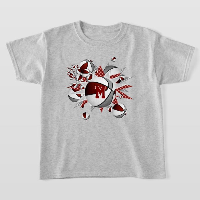 girl's maroon grey basketballs and stars T-Shirt (Laydown)