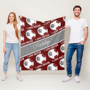 girls maroon grey soccer balls text pattern fleece blanket