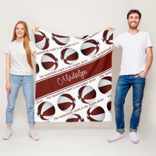 girls maroon white basketball court my happy place fleece blanket