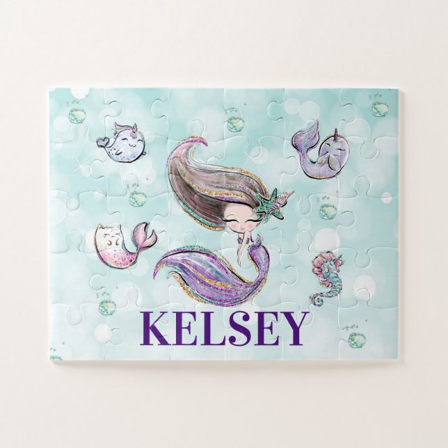 Girls Mermaid & Sea Animals Personalized Name Jigsaw Puzzle (Horizontal)