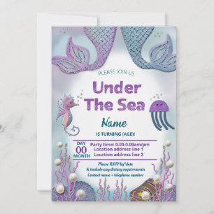Girls mermaid under the sea birthday  invitation