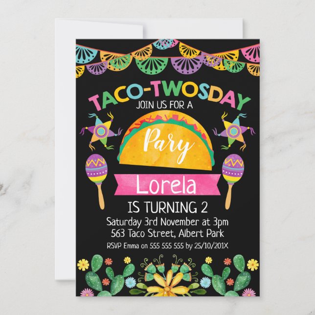 Girls Mexican Taco Twosday 2nd Birthday Invitation (Front)