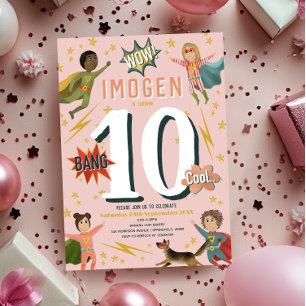 Girls Modern Action Superhero Kids Birthday Invitation