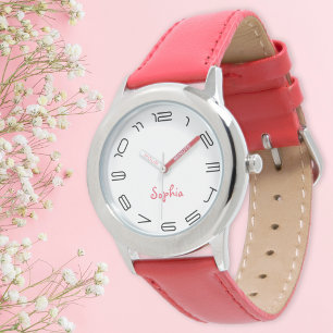 Girls Modern Chic Trendy Cool Red Custom Name Kids Watch