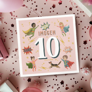 Girls Modern Comic Pink Superhero Kids Birthday Napkin
