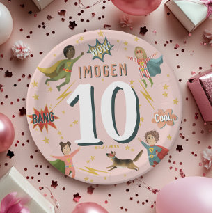 Girls Modern Cool Pink Superhero Kids Birthday Paper Plate