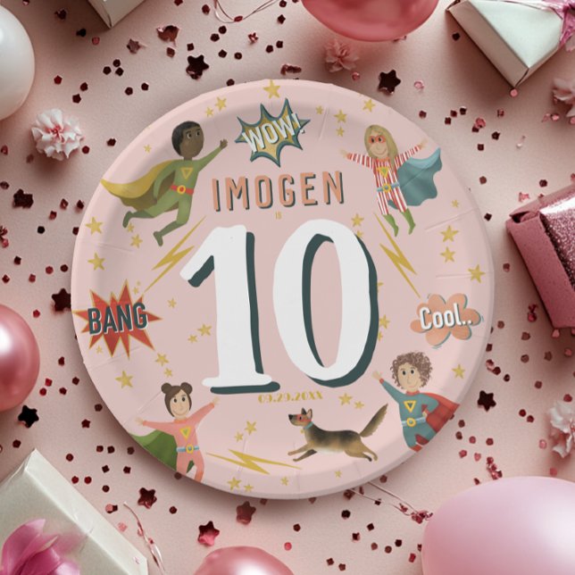 Girls Modern Cool Pink Superhero Kids Birthday Paper Plate (Creator Uploaded)