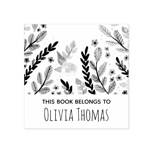 Girls Modern Floral Flowers and Name Bookplate Rubber Stamp (Imprint)