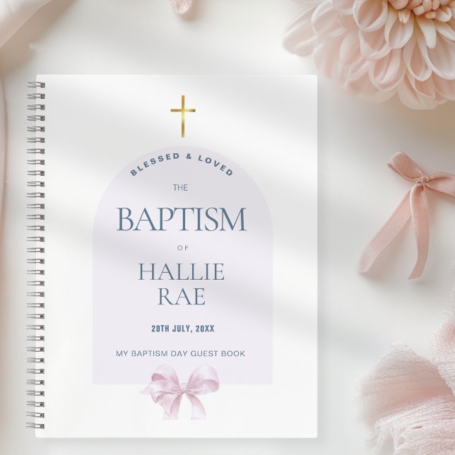 Girl's Modern Pink Bow Baptism Guest Book (Creator Uploaded)
