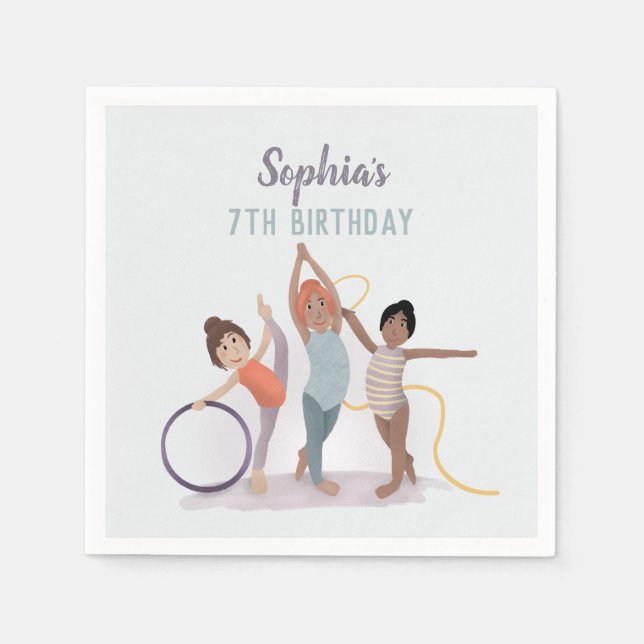 Girls Modern Purple Gymnastics Kids Birthday Napkin (Front)