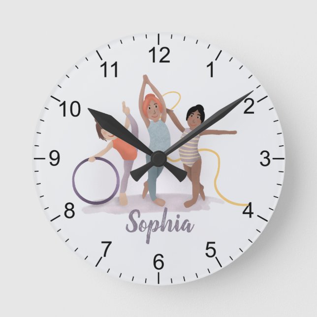 Girls Modern Purple Gymnastics Kids Round Clock (Front)