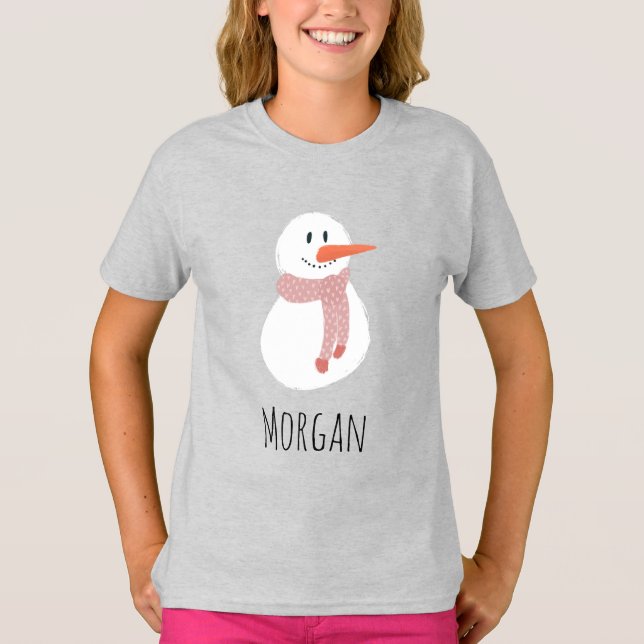 Girls Modern Snowman Winter Family T-Shirt (Front)