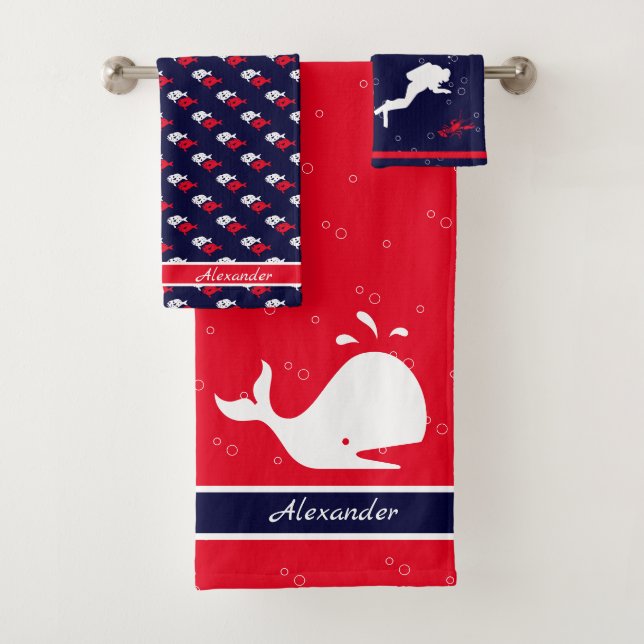 Girls Monogram Name Cartoon Whale Red Navy Blue Bath Towel Set (Insitu)