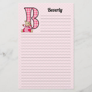Girl's Monogrammed Letter B Teddy Bear Lined Stationery