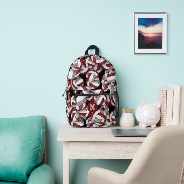 girls monogrammed maroon grey volleyballs printed backpack (Insitu)