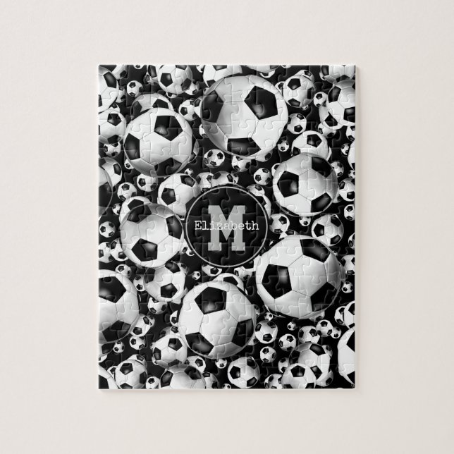Girl's monogrammed soccer balls pattern jigsaw puzzle (Vertical)
