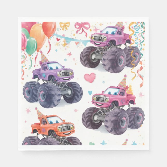 Girls Monster Truck Birthday Napkins Pink (Front)