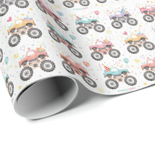Girls Monster Truck Wrapping Paper Pink Watercolor