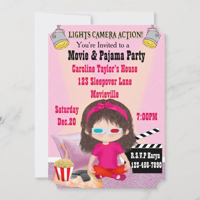 Girls Movie and Pajama Party Invites (Front)