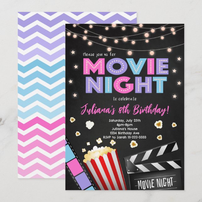 Girls Movie Night Birthday Party Invitation (Front/Back)
