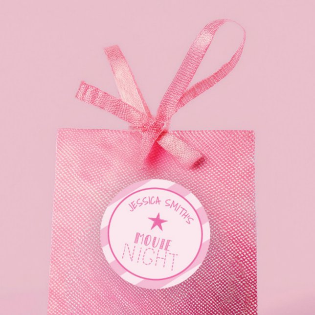 Girls Movie Night Personalized Pink Star Party  Classic Round Sticker (Creator Uploaded)