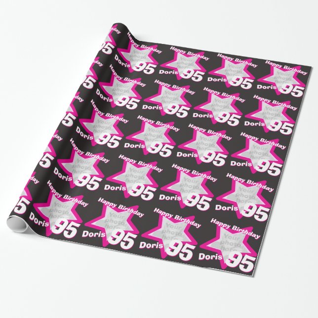Girls name 95th birthday photo pink black wrap wrapping paper (Unrolled)