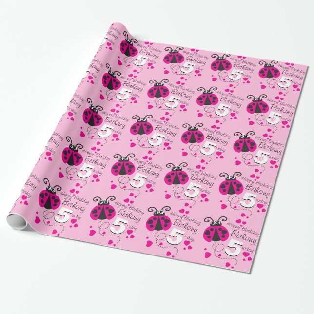 Girls name age ladybug birthday patterned wrap wrapping paper (Unrolled)