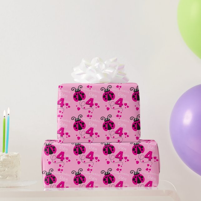 Girls name age ladybug birthday patterned wrap wrapping paper (Party Gifts)