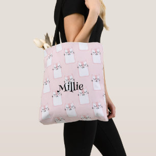 Girls Name Cute Cat Pink Pattern School Tote Bag