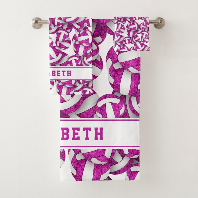 Girls name fuchsia volleyballs pattern bath towel set (Insitu)