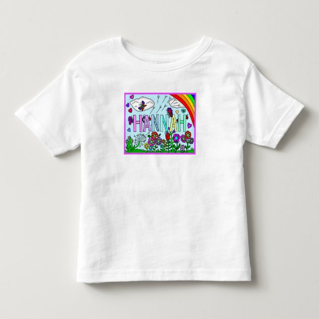 Girl's Name Hannah  Whimsical Flowers, Rainbow  Toddler T-Shirt (Front)