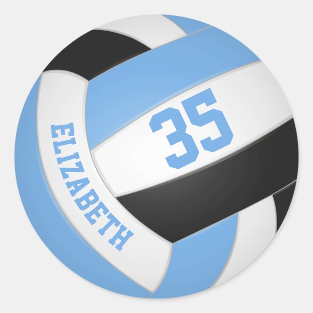 girls name jersey number lt blue black volleyball classic round sticker (Front)