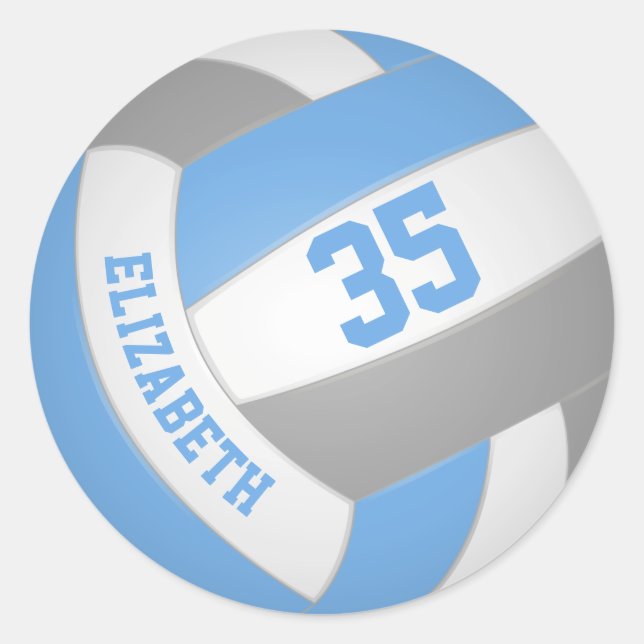 girls name jersey number lt blue gray volleyball classic round sticker (Front)