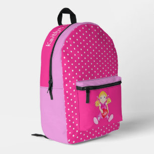 Girls name pink toy rag doll art printed backpack