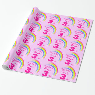 Girls name rainbow 3rd birthday patterned wrap wrapping paper