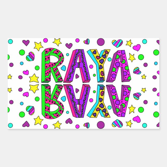 Girl's Name Raya with Stars and Hearts Whimsical Rectangular Sticker (Front)