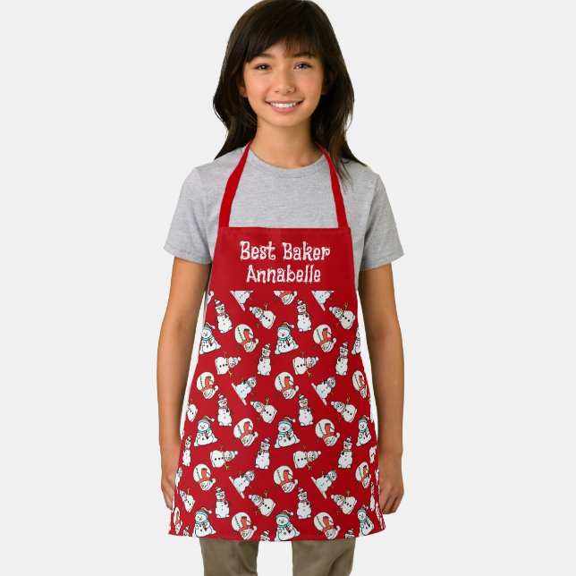  Girls Name Snowman Red And White Apron (Insitu)