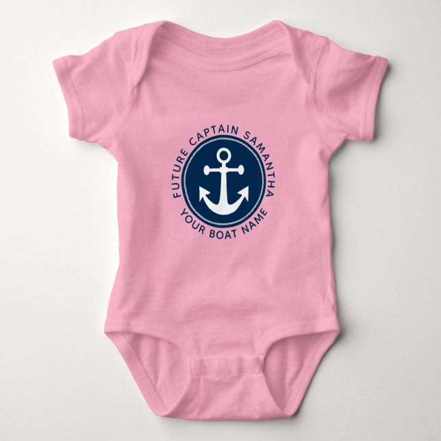 Girl's Nautical Anchor Rope Navy Captain Boat Name Baby Bodysuit (Front)