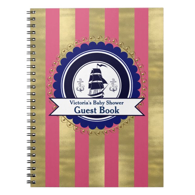 Girls Nautical Pink Blue Baby Shower Guest Book (Front)