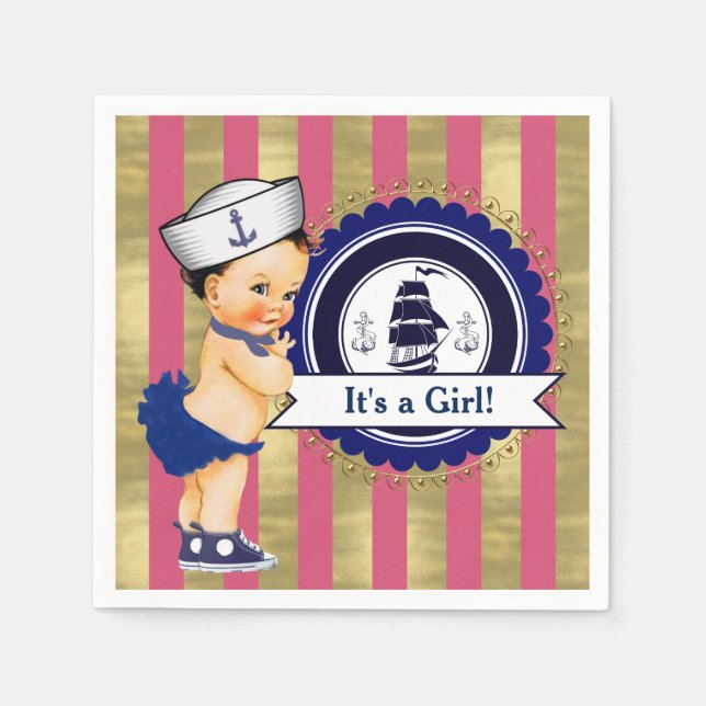 Girls Navy Pink Gold Nautical Baby Shower Napkin (Front)