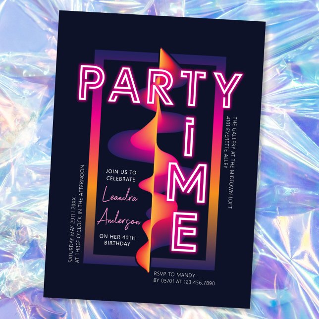 Girls Neon Party Time Birthday Party Invitation (Creator Uploaded)