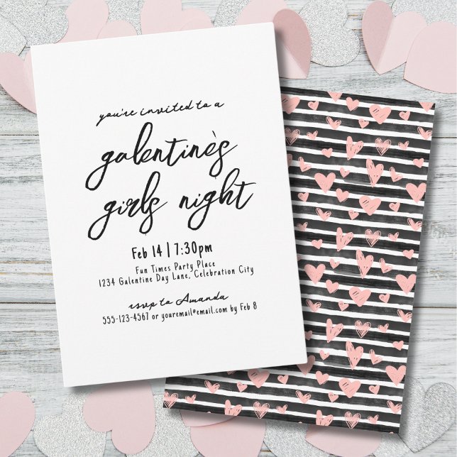 Girls Night Handwritten Hearts Galentine's Day Invitation (Girls Night Handwritten Hearts Galentine's Day Invitation)