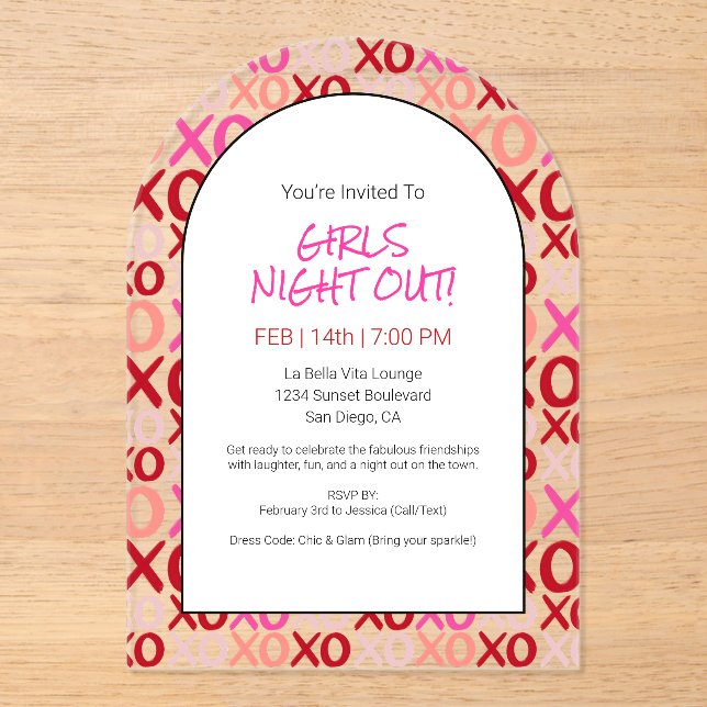 Girls Night Out Hugs and Kisses Galentine Party Acrylic Invitations (Front)
