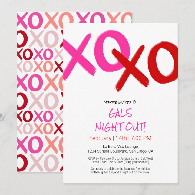 Girls Night Out Pink XOXO Red Galentine Day Party Invitation (Front/Back)