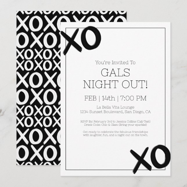 Girls Night Out XOXO Black White Galentine Party Invitation (Front/Back)