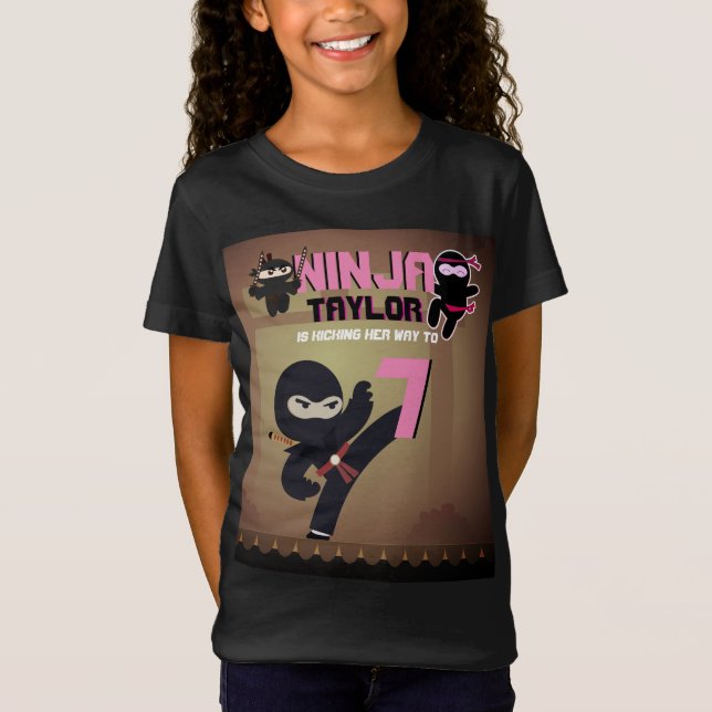 Girls NINJA KickingIt Karate Warrior Birthday Pink T-Shirt (Front)